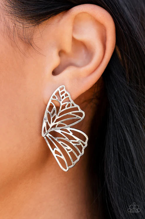 Paparazzi ♥ Butterfly Frills - Silver ♥ Post Earrings